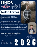 West Central High School Senior Spotlight for Nolan Forbes, Class of 2026. The graphic features Nolan in a plaid flannel shirt standing in a field of tall grass, alongside an inset photo of him as a toddler. Text highlights his favorite memory of winning 
